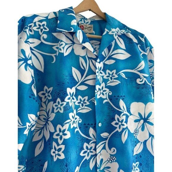 VTG Hilo Hattie Mens Sz XL Blue White Hawaiian Floral Button Up Shirt Polyester - Picture 2 of 6